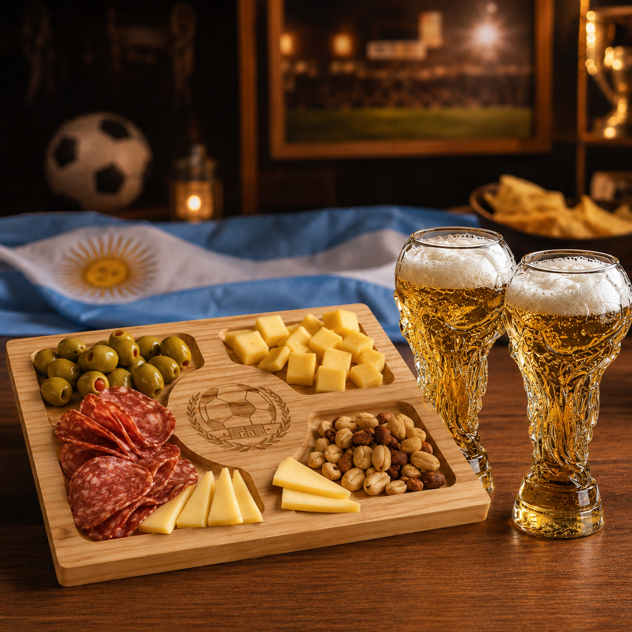 Picada mundialista con vasos albicelestes